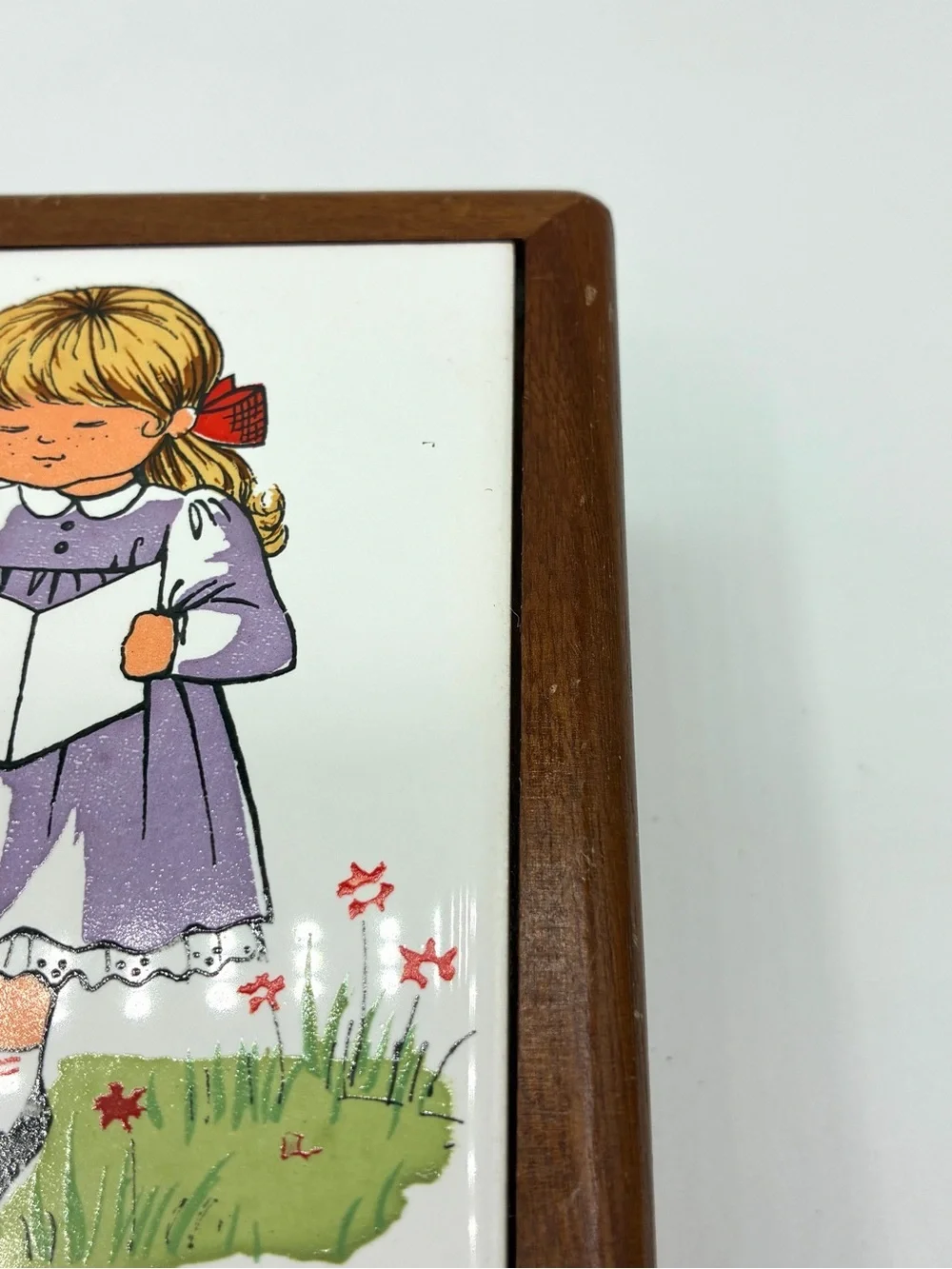 Vintage Mele Wood Jewelry Box Mirror Trinket Box Taiwan Girl Tile Lid